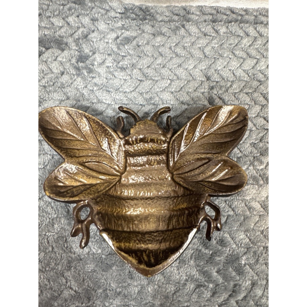 Vintage Style Cast Metal Honey Bee Trinket Dish Antiqued Catchall Tray 6in
